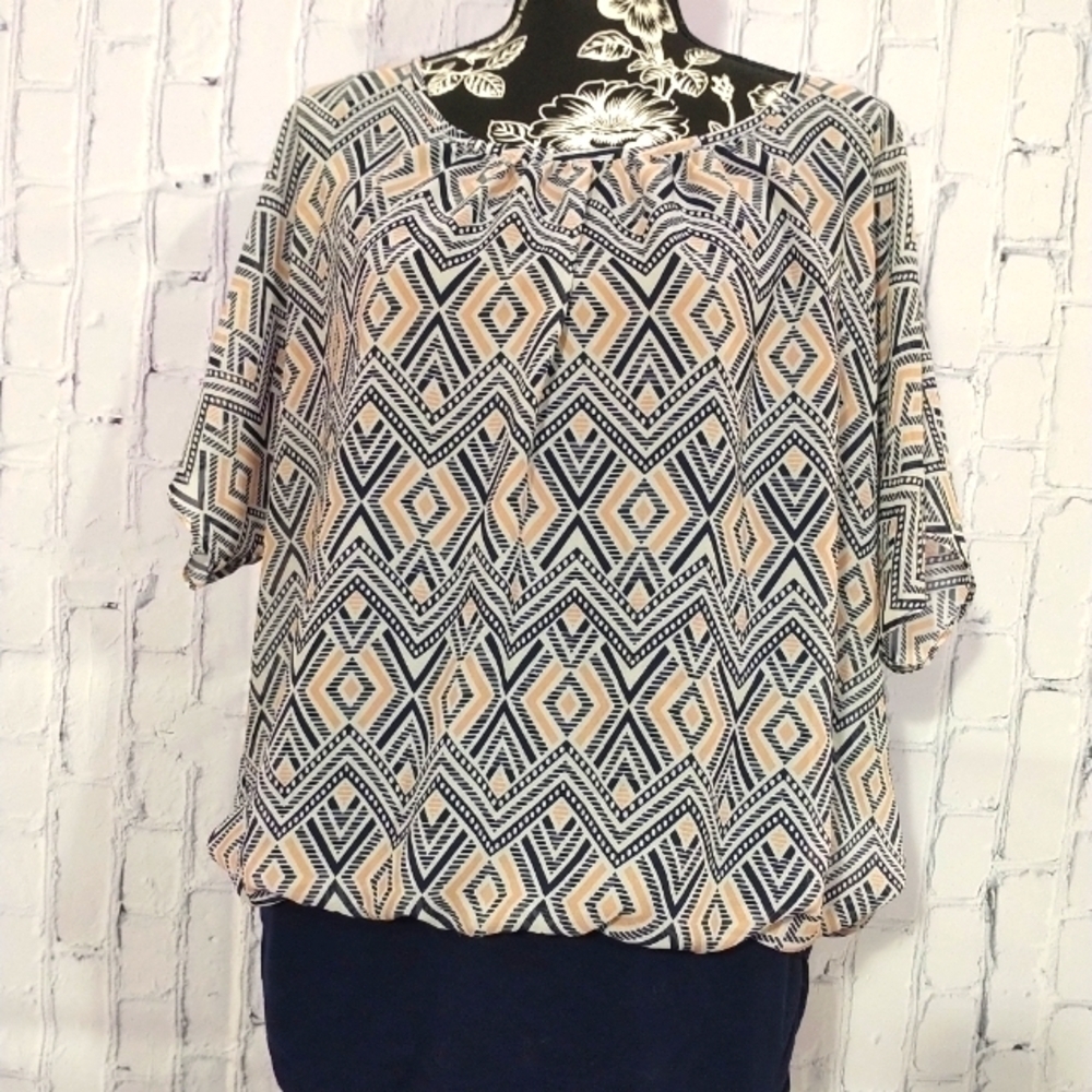 AB Studio Black Tan Geometric Print Blouse Large